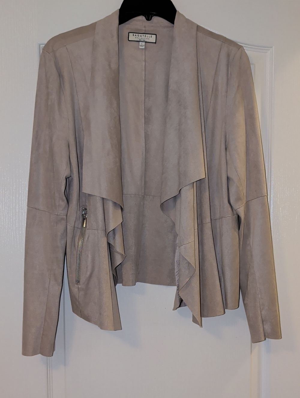 Agnitelle Light Taupe Draped Open-Front Suede Blazer